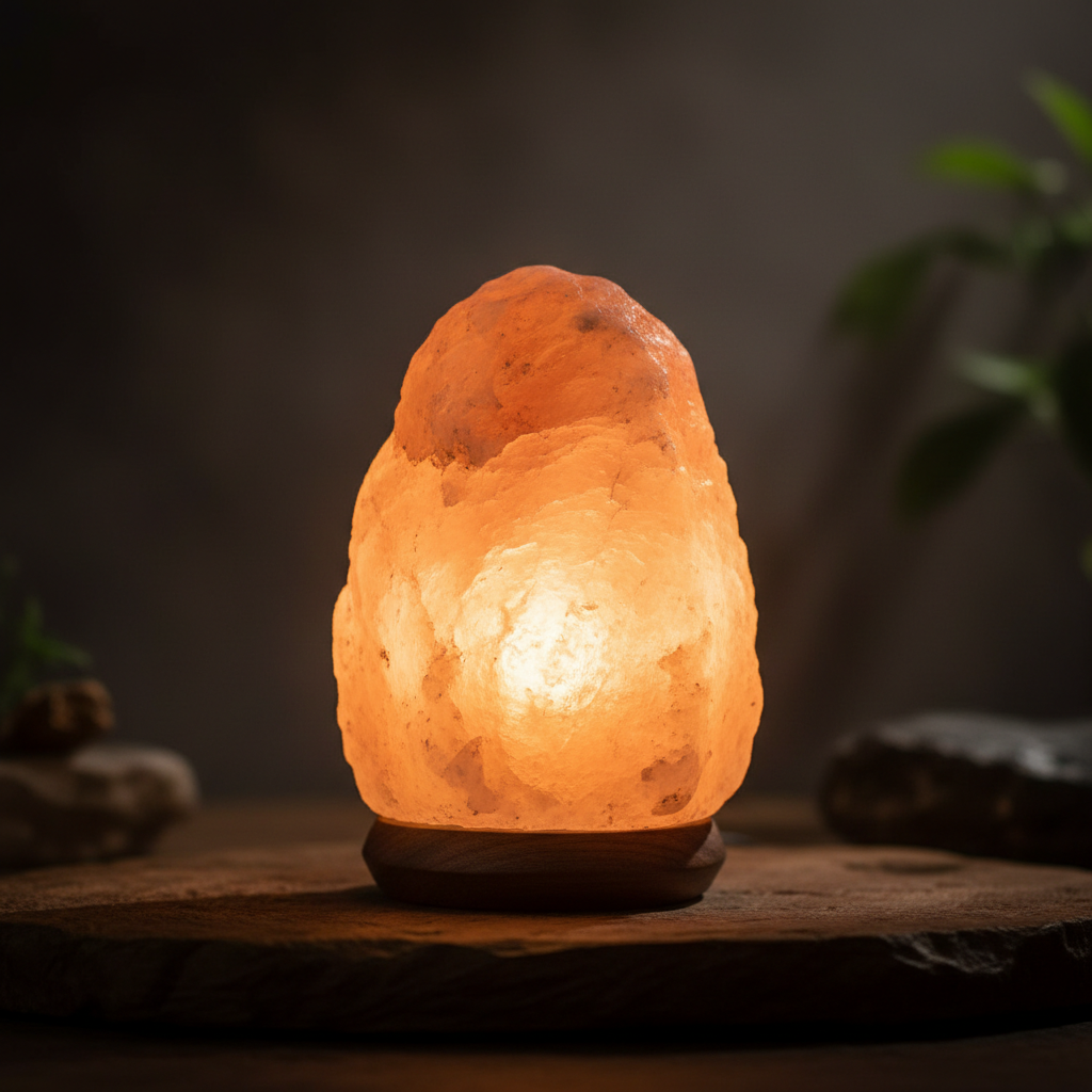Natural crystal lamp glowing amber