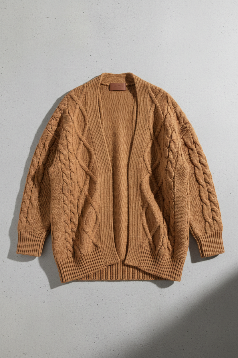 Camel Cable-Knit Oversized Cardigan